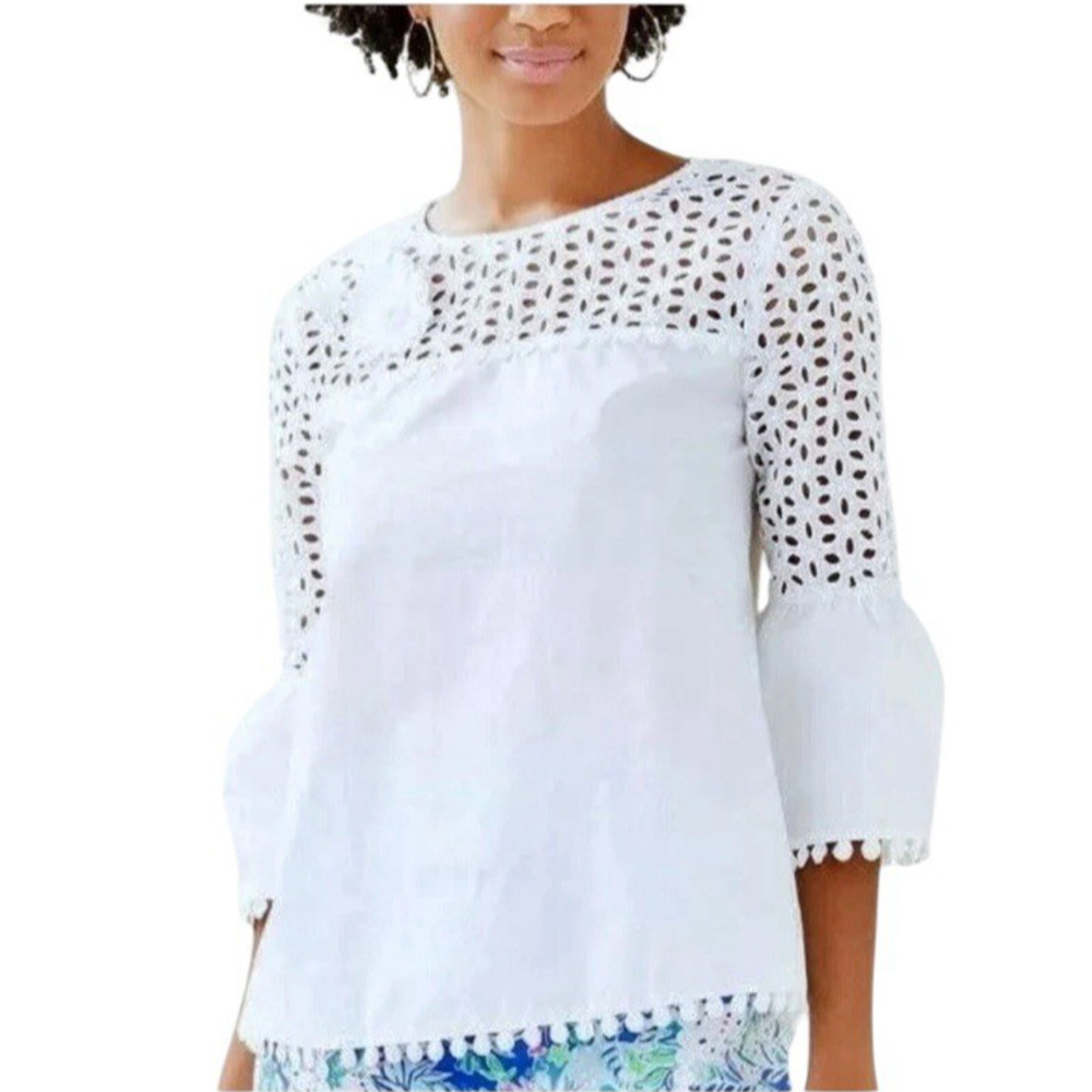LILLY PULITZER Chandler Women’s Size XL Resort White Crisp Cotton Eyelet Top NEW